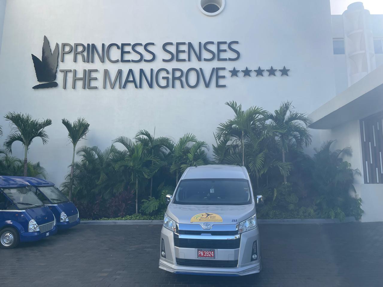 Private transportation vehicle outside Princess Senses The Mangrove resort entrance in Jamaica